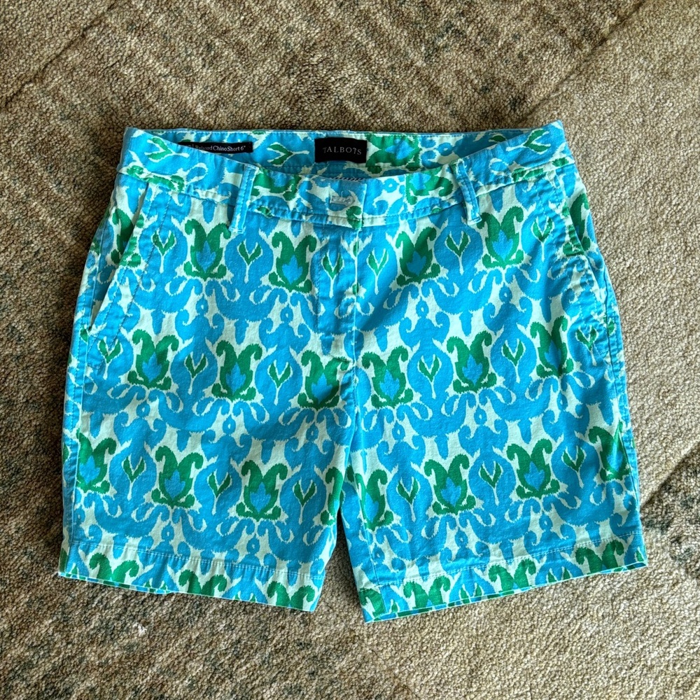 Talbots Relaxed Chino Turquoise & Green Patterned Cotton Shorts